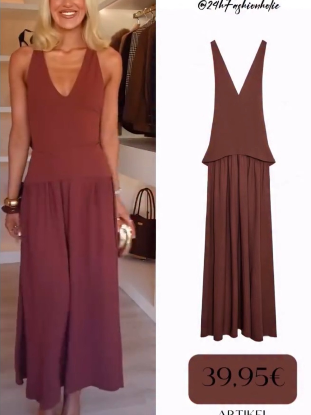 Zara Brown V-Neck Sleeveless Wide-Leg Maxi Dress